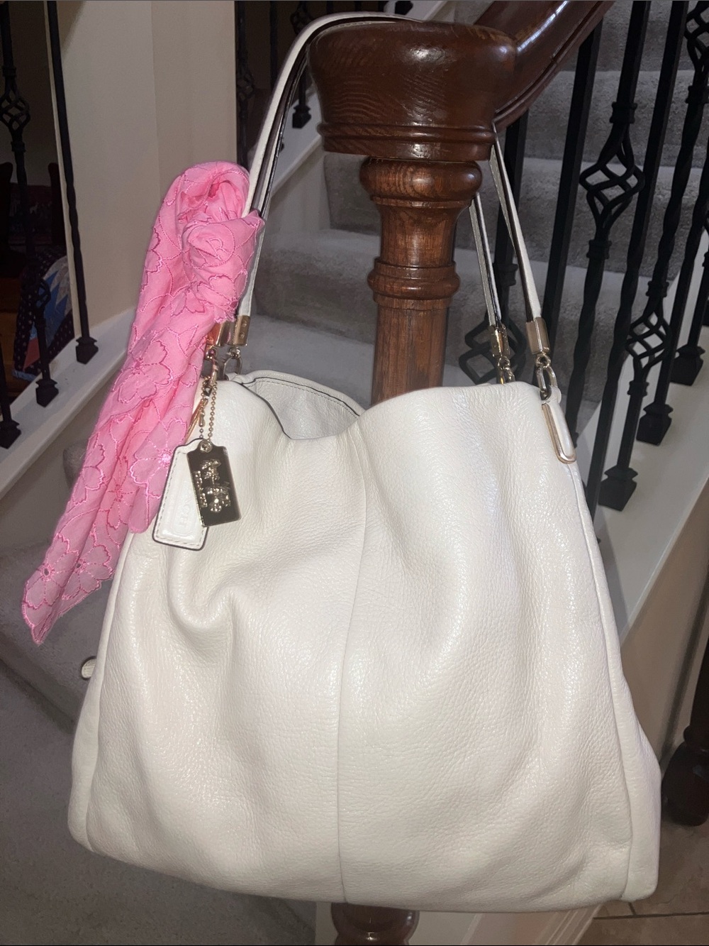 Coach White Leather Shoulder Bag with Pink Scarf Accent - Picture 16 of 16